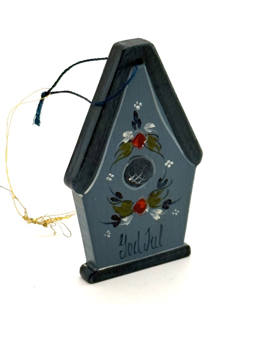 Swedsih Folk Art Birdhouse Ornament w Rosemaling Handpainted Florals and God Jul
